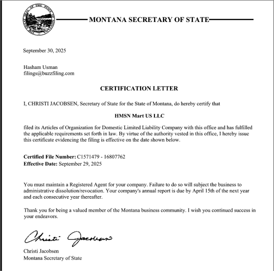 Montana Secretary of State Certificate